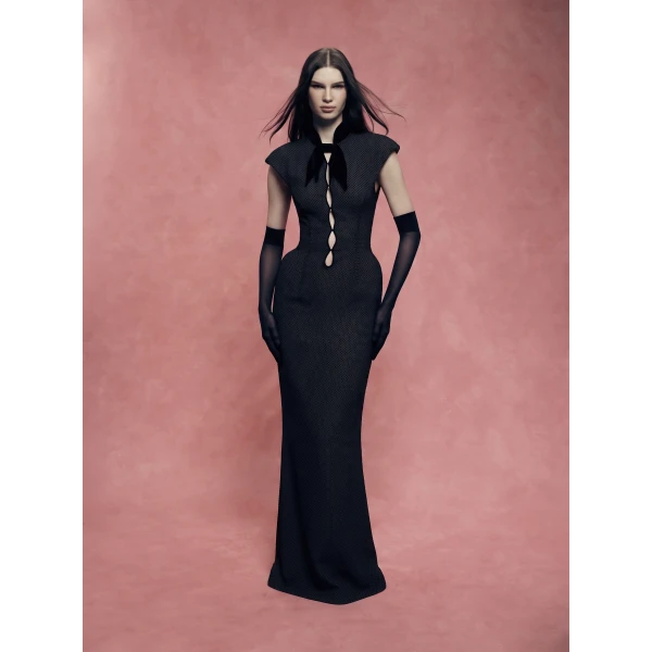 Rasario Crystal-Embellished Maxi Dress with Sculptural Pannier Panels in Black, view 2