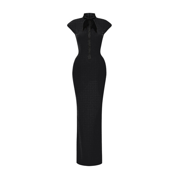 Rasario Crystal-Embellished Maxi Dress with Sculptural Pannier Panels in Black