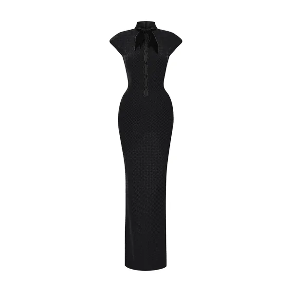 Rasario Crystal-Embellished Maxi Dress with Sculptural Pannier Panels in Black
