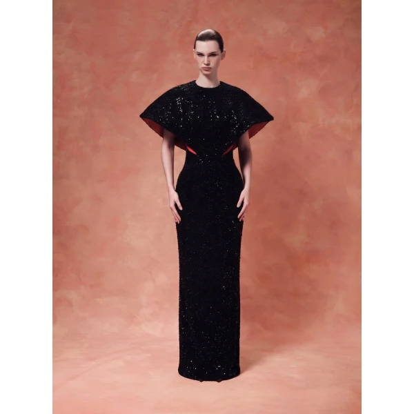 Rasario Sequin-Embellished Maxi Gown with Sculptural Contrast-Lined Sleeves in Black, view 2