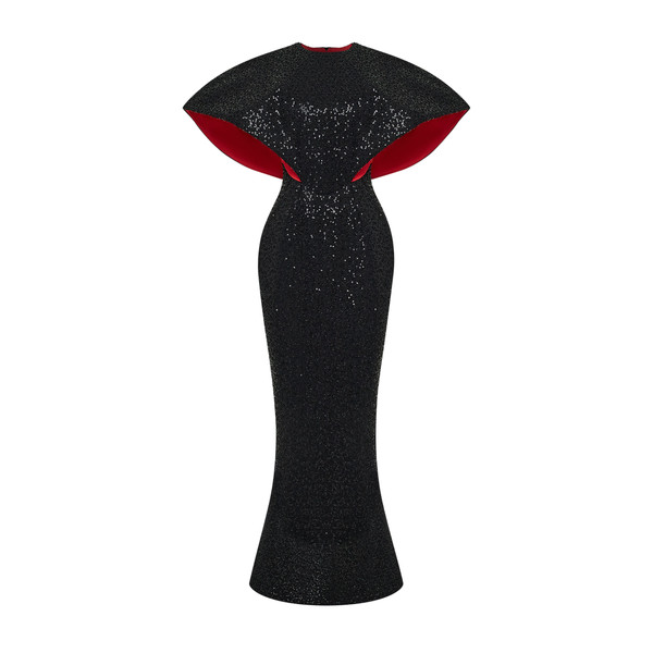 Rasario Sequin-Embellished Maxi Gown with Sculptural Contrast-Lined Sleeves in Black