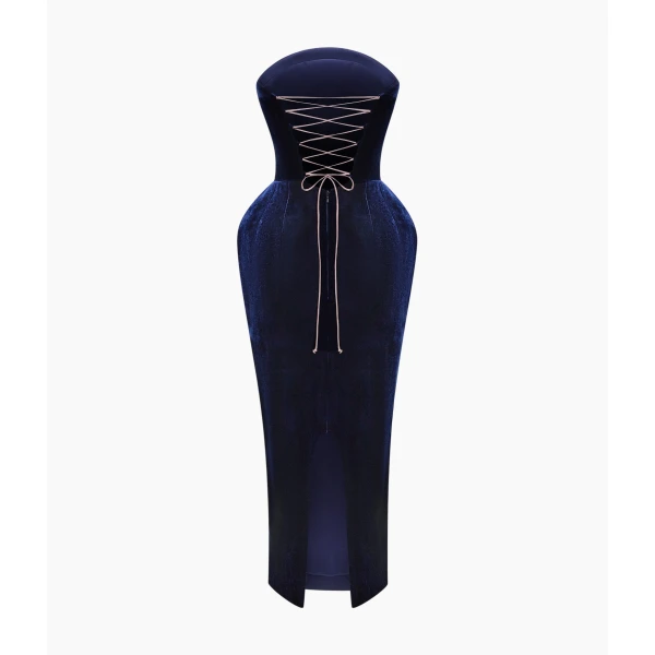 Rasario Velvet off-shoulder corset dress in Dark Blue, view 5