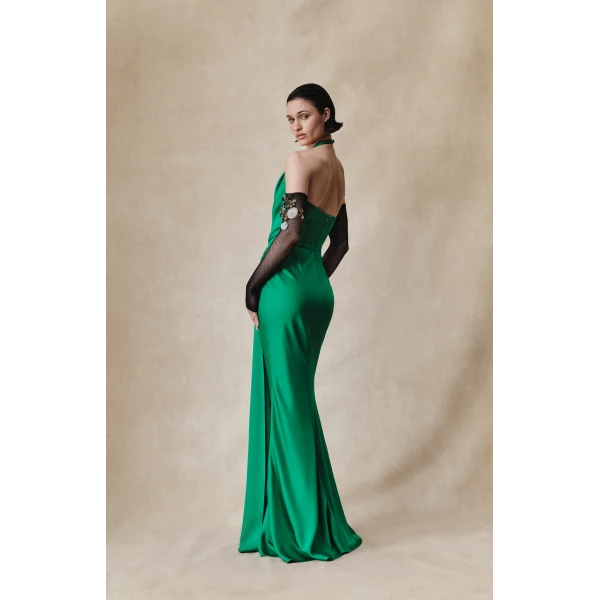 Rasario Viscose crepe maxi dress with train in Green, view 3