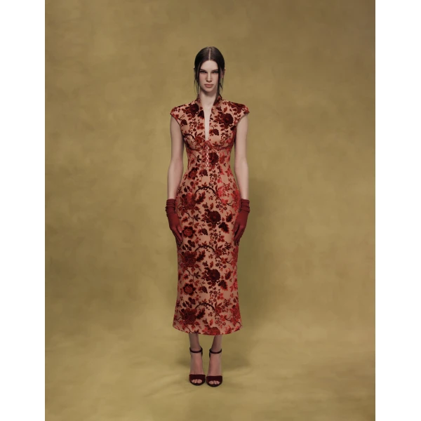 Rasario Devoré Velvet Midi Dress with Lacing in Red and Beige, view 2