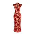 Rasario Devoré Velvet Midi Dress with Lacing in Red and Beige