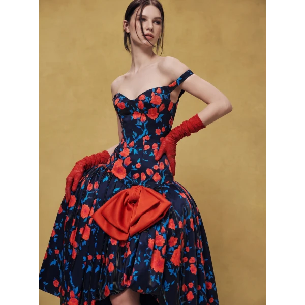 Rasario Floral Satin Midi Dress with Sculptural Bow in Black and Red, view 3
