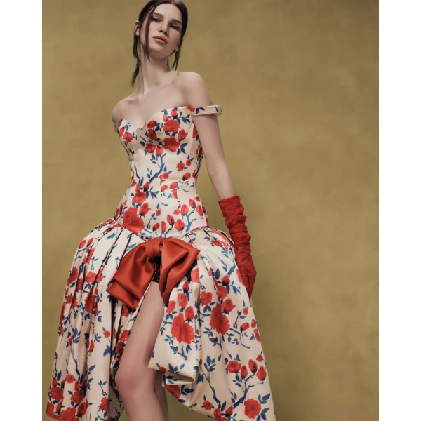 Rasario Floral Satin Midi Dress with Sculptural Bow in Multi Beige, view 3