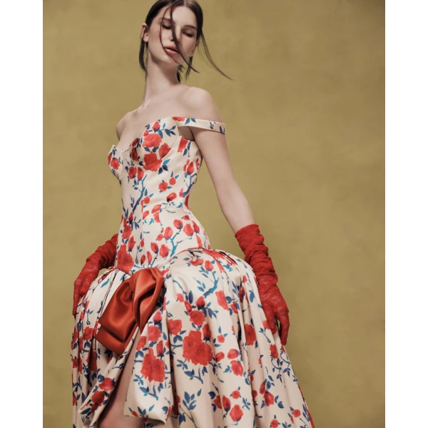 Rasario Floral Satin Midi Dress with Sculptural Bow in Multi Beige, view 5