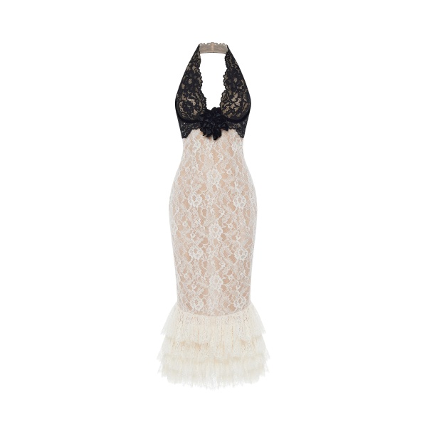 Rasario Lace midi dress with a flower in White and black