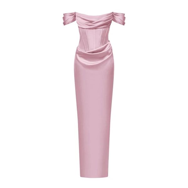Rasario Off-the-shoulder draped corset satin gown in Dusty rose