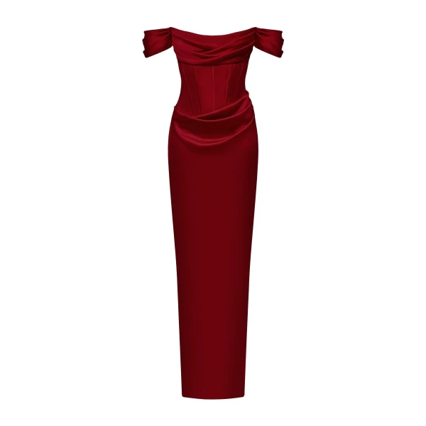 Rasario Off-the-shoulder draped corset satin gown in Burgundy