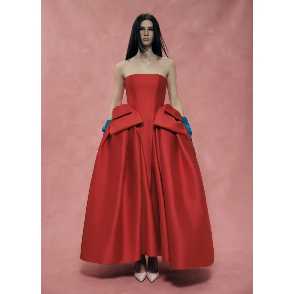 Rasario Satin Midi Dress with Sculptural Bow Details in Red, view 2