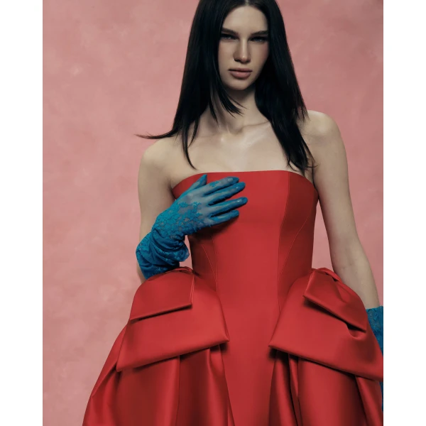 Rasario Satin Midi Dress with Sculptural Bow Details in Red, view 3