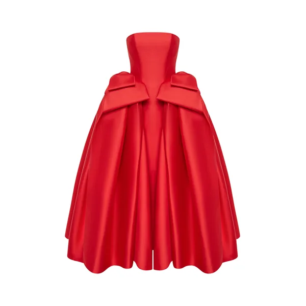 Rasario Satin Midi Dress with Sculptural Bow Details in Red