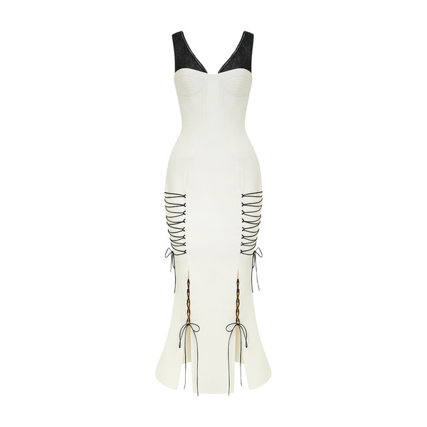 Rasario Crepe Midi Dress with a Corset Bodice and Lace-Up Detailing in White