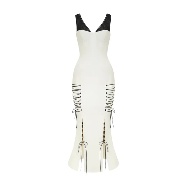 Rasario Crepe Midi Dress with a Corset Bodice and Lace-Up Detailing in White