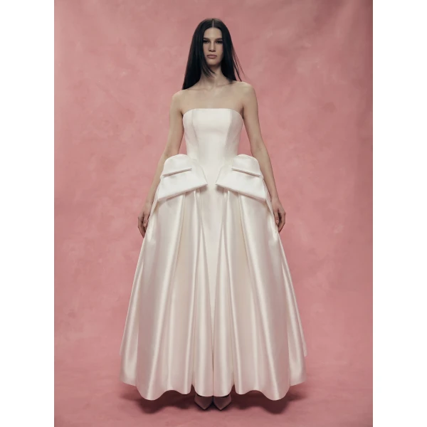 Rasario Satin Midi Dress with Sculptural Bow Details in White, view 2