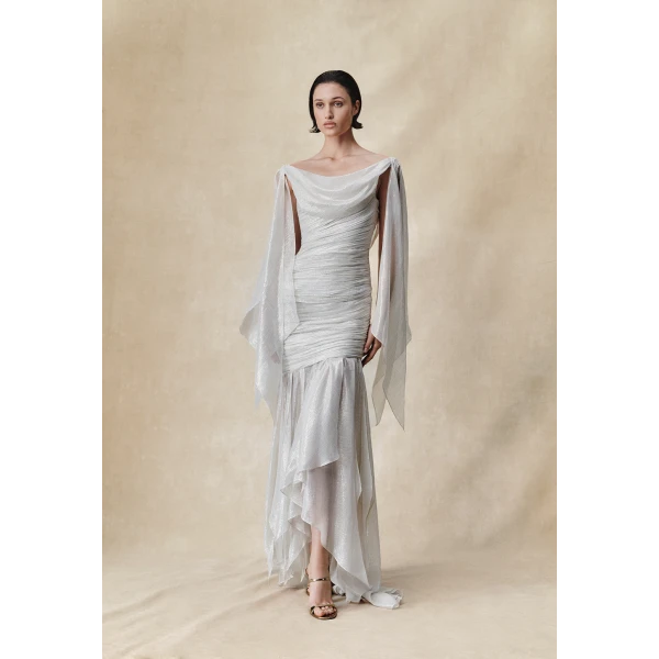 Rasario Silk and lurex maxi dress with cowl neckline and ruffles in White, view 2