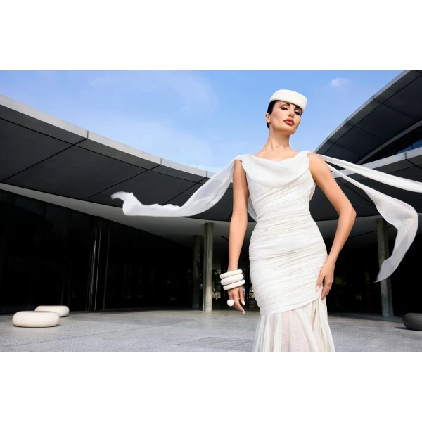 Rasario Silk and lurex maxi dress with cowl neckline and ruffles in White, view 5