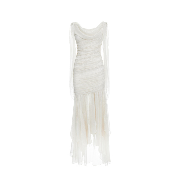 Rasario Silk and lurex maxi dress with cowl neckline and ruffles in White