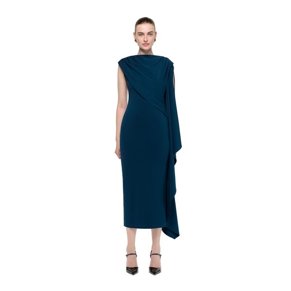 Roland Mouret Asymmetric Cape Jersey Midi Dress in Blue