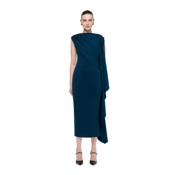 Roland Mouret Asymmetric Cape Jersey Midi Dress in Blue