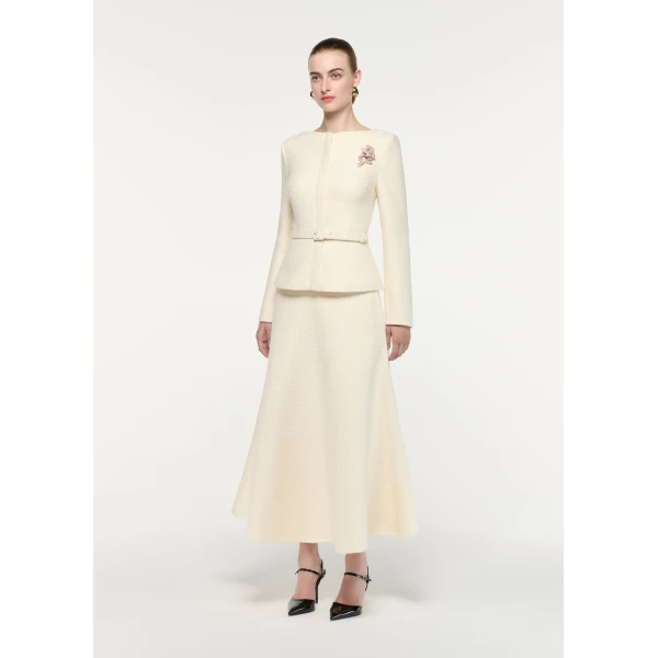 Roland Mouret Boucle Midi Flared Skirt in Cream, view 2