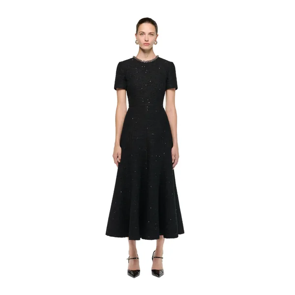 Roland Mouret Embellished Neck Sequin Boucle Midi Dress in Black