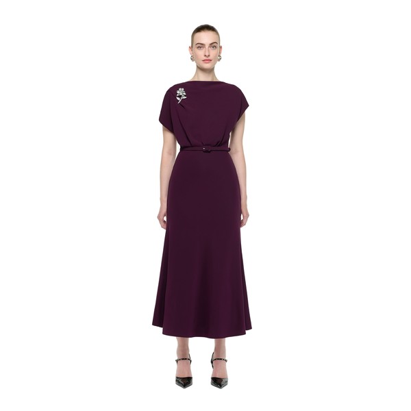 Roland Mouret Flower Brooch Cady Midi Dress in Prune