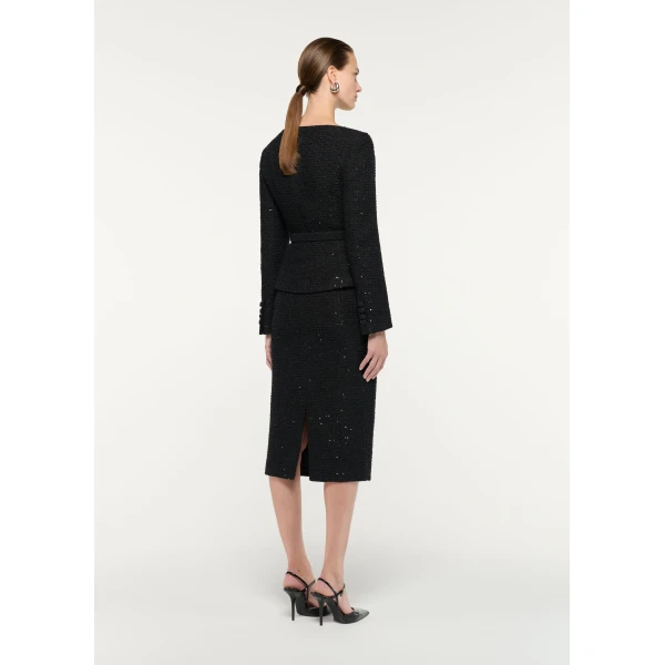 Roland Mouret Flower Brooch Sequin Boucle Jacket in Black, view 3