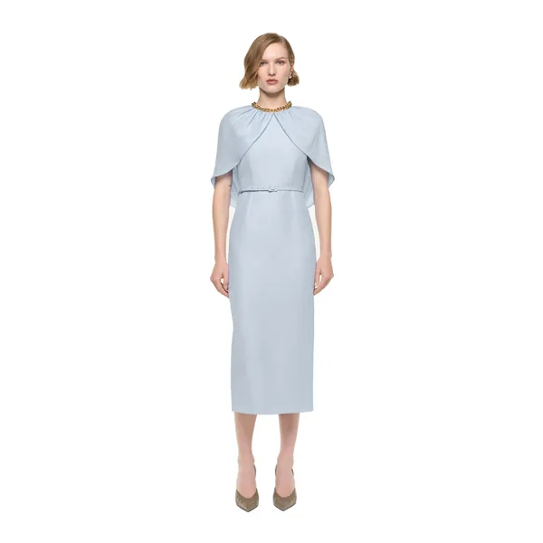 Gathered Cape Column Fit Midi Dress in Blue