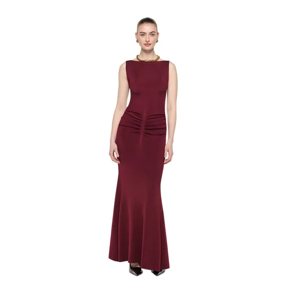 Gathered Knit Midi Dress in Burgundy