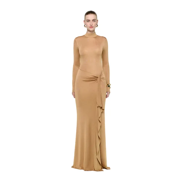 Lurex Knit Drape Long Sleeve Gown in Gold