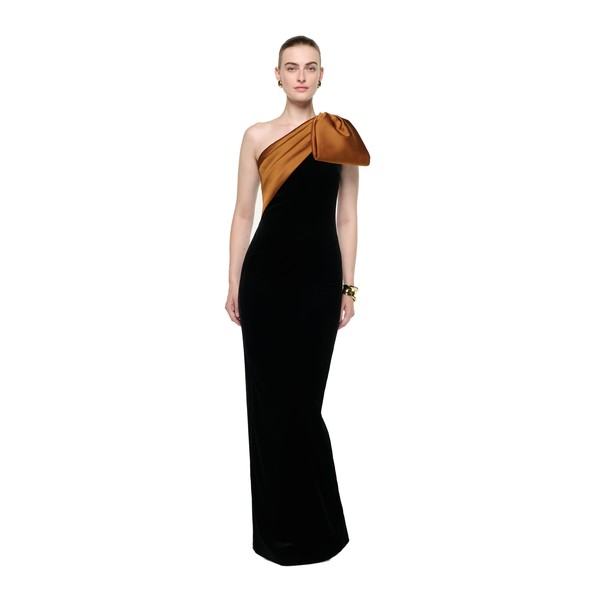 Roland Mouret Satin Bow One Shoulder Velvet Gown in Black and Amber
