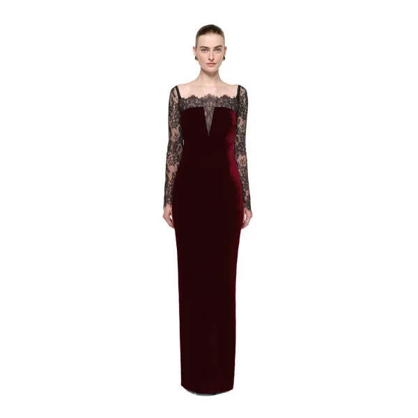 Roland Mouret Scalloped Lace And Velvet Gown in Burgundy