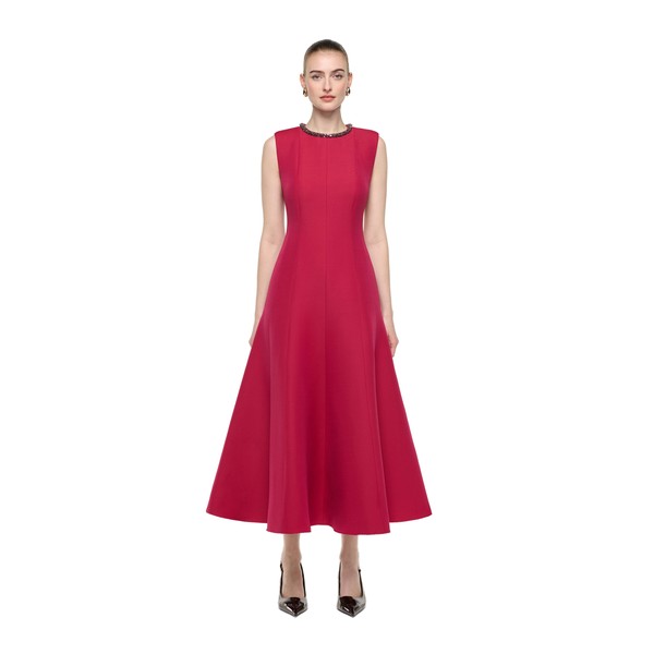 Roland Mouret Sleeveless Full Skirt Midi Dress in Dark Pink