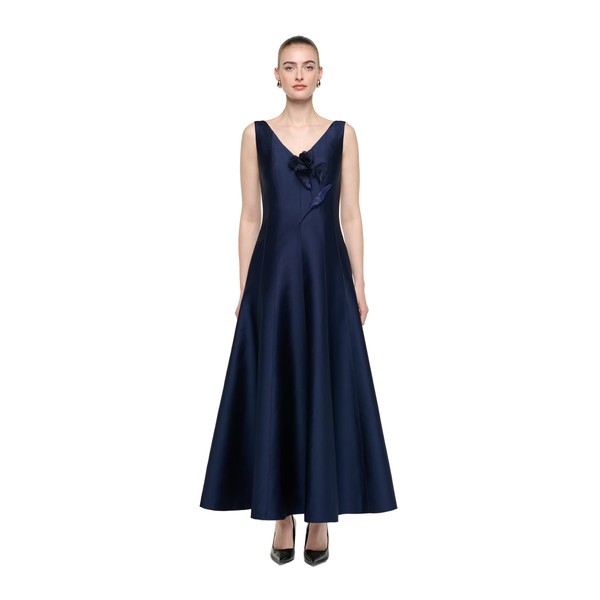 Roland Mouret V-Neck Flower Applique Maxi Dress in Navy