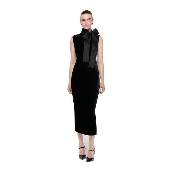 Roland Mouret Velvet Midi Dress With Organza Bow Neck Tie in Black