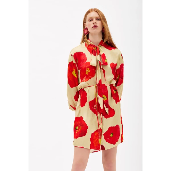 Romance Was Born Poppy Polka Satin Shirt Dress