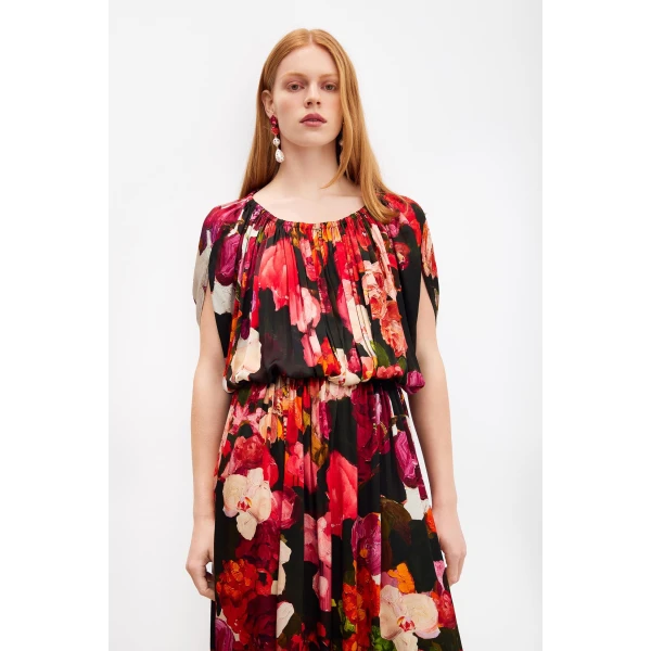 Romance Was Born Red Bouquet Gathered Satin Dress