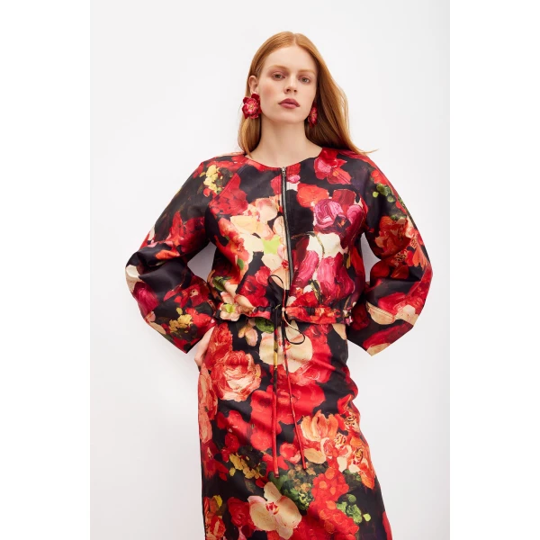 Romance Was Born Red Bouquet Taffeta Bomber