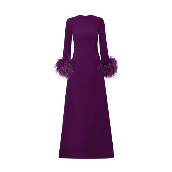 Renalla Currant Feather-Trimmed Long Dress