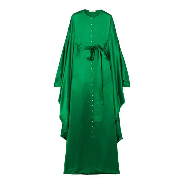 SemSem Belted Button-Embellished Silk Kaftan in Emerald