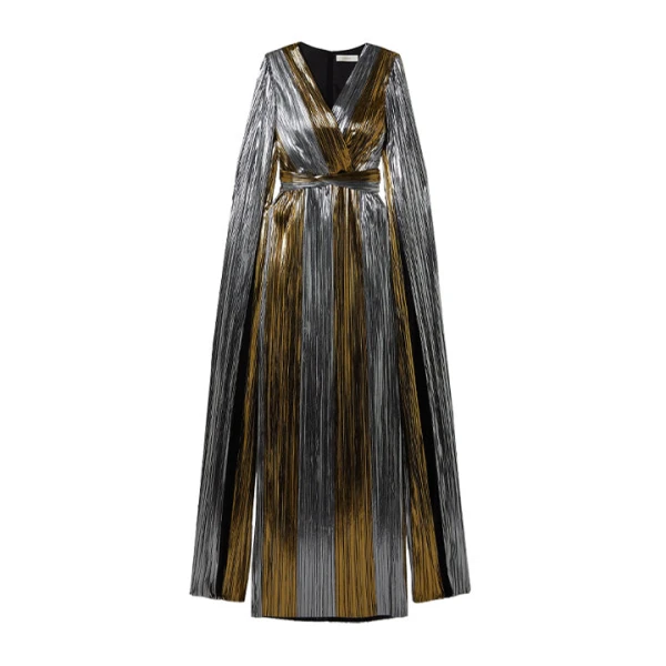 SemSem Cape-Effect Plissé-Lamé Gown in Silver