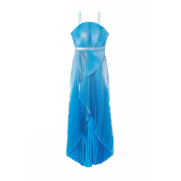 SemSem Capri Draped Plissé-Lamé Gown in Blue