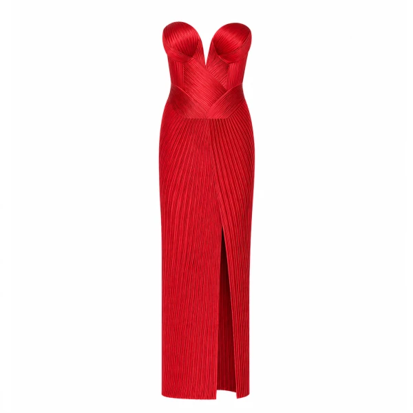 Engineered Plissé Bustier Maxi Dress- Red