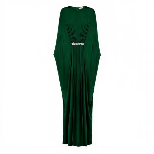 Gathered Viscose Jersey Kaftan Dress in Emerald
