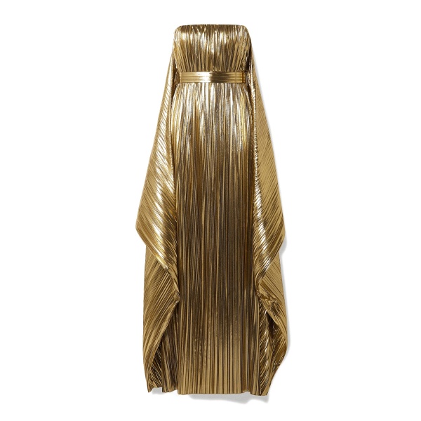 Gold Belted Draped Pleated Lamé Gown