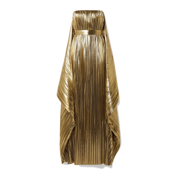 Gold Belted Draped Pleated Lamé Gown