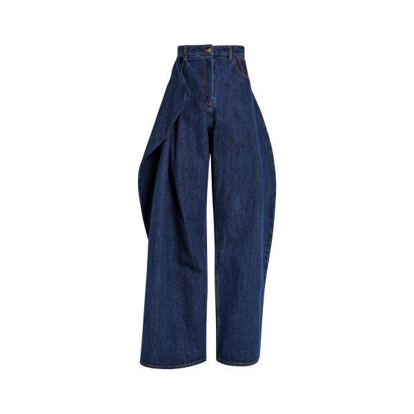 Asymmetric Voluminous Jeans With Pleats Classic Blue Wash